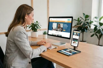 Femme utilisant plusieurs appareils affichant un site web adaptatif en design responsive