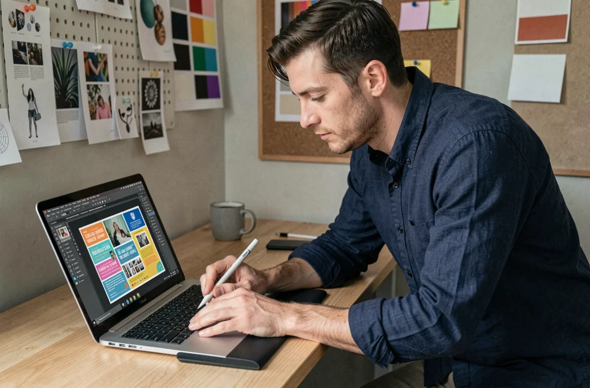 Designer masculin travaillant sur Adobe Illustrator avec une tablette graphique pour concevoir un flyer