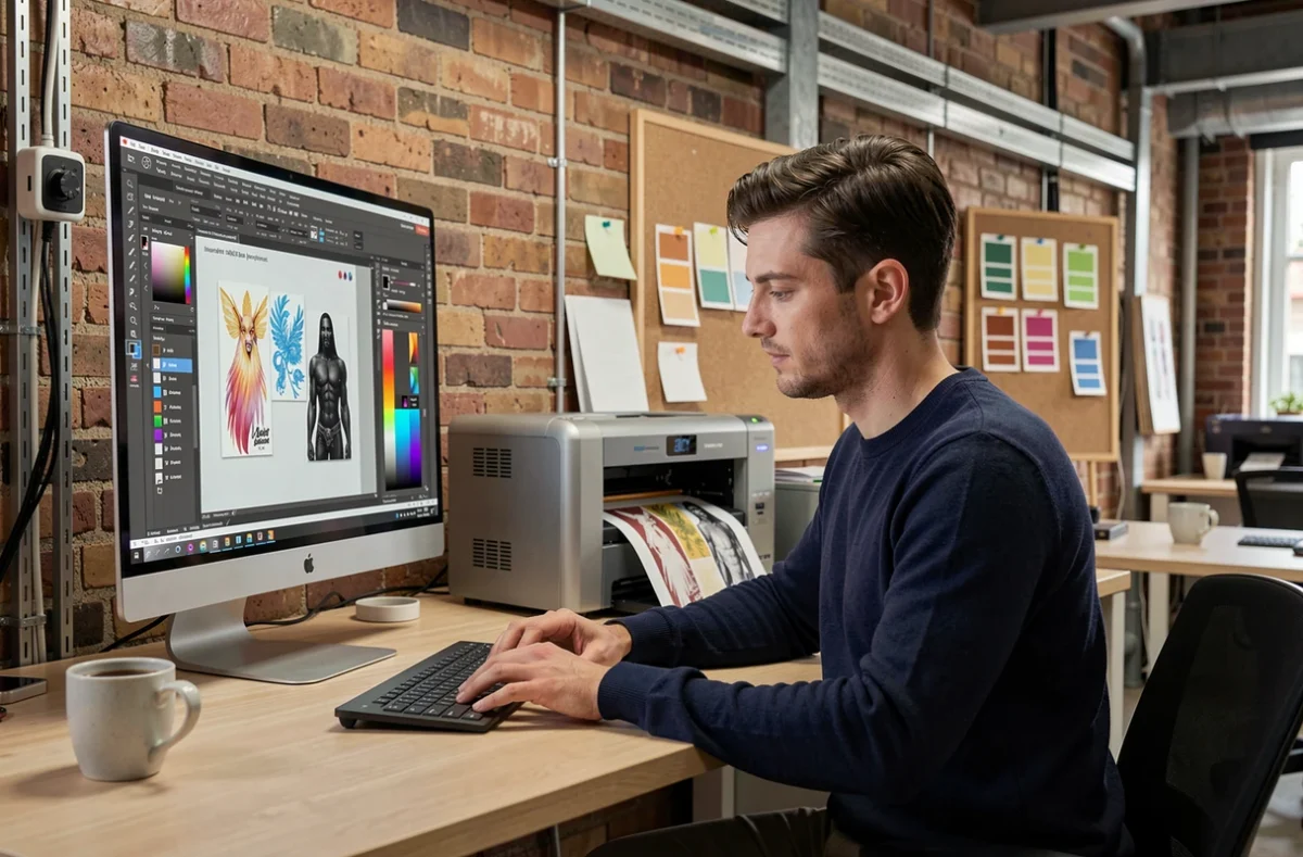 Designer graphique préparant un fichier d'impression par sublimation sur écran étalonné dans un studio créatif moderne