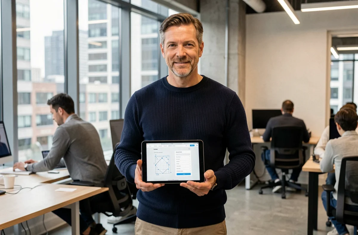 Designer web tenant une tablette montrant un wireframe de design adaptatif dans un espace de coworking
