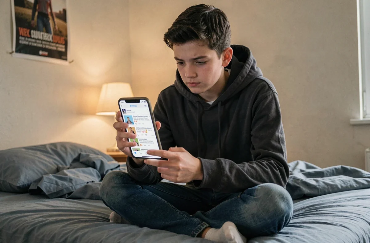 Adolescent absorbé par son smartphone consultant des informations sur les réseaux sociaux, illustrant les risques de désinformation en ligne