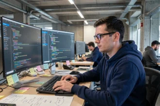 Développeur web comparant Docker et Kubernetes sur deux écrans dans un bureau tech moderne