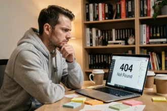 Développeur frustré face à une erreur 404 sur son ordinateur portable dans un bureau à domicile