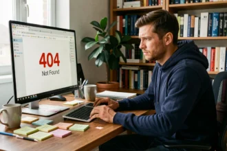 Développeur web regardant une page d'erreur 404 sur son écran dans un bureau à domicile moderne
