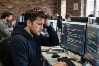Développeur logiciel frustré face aux erreurs de code Flutter sur plusieurs écrans dans un bureau moderne