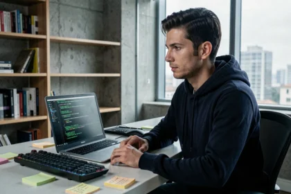 Développeur utilisant Linux sur un ordinateur portable dans un bureau moderne, comparaison Linux vs Windows