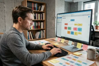Développeur informatique travaillant sur un schéma de base de données relationnelle devant un écran d'ordinateur dans un bureau moderne