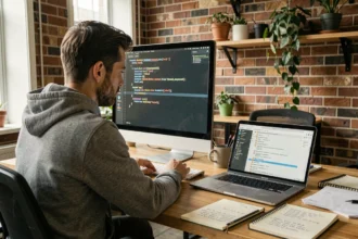 Développeur web masculin analysant la structure d'un dossier src sur son écran d'ordinateur dans un bureau moderne