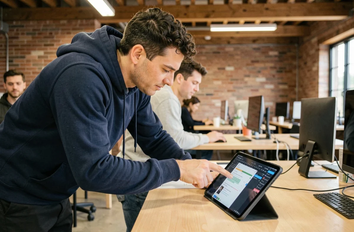Développeur web montrant une interface de conception sur tablette dans un espace de coworking