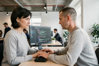 Développeuse informatique utilisant un clavier mécanique et un IDE de programmation dans un bureau moderne