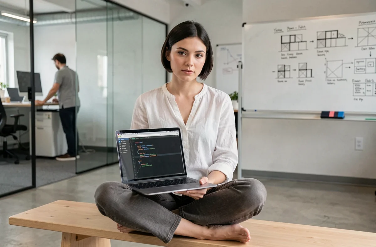 Jeune développeuse travaillant sur la structure de fichiers src dans un espace de coworking ouvert