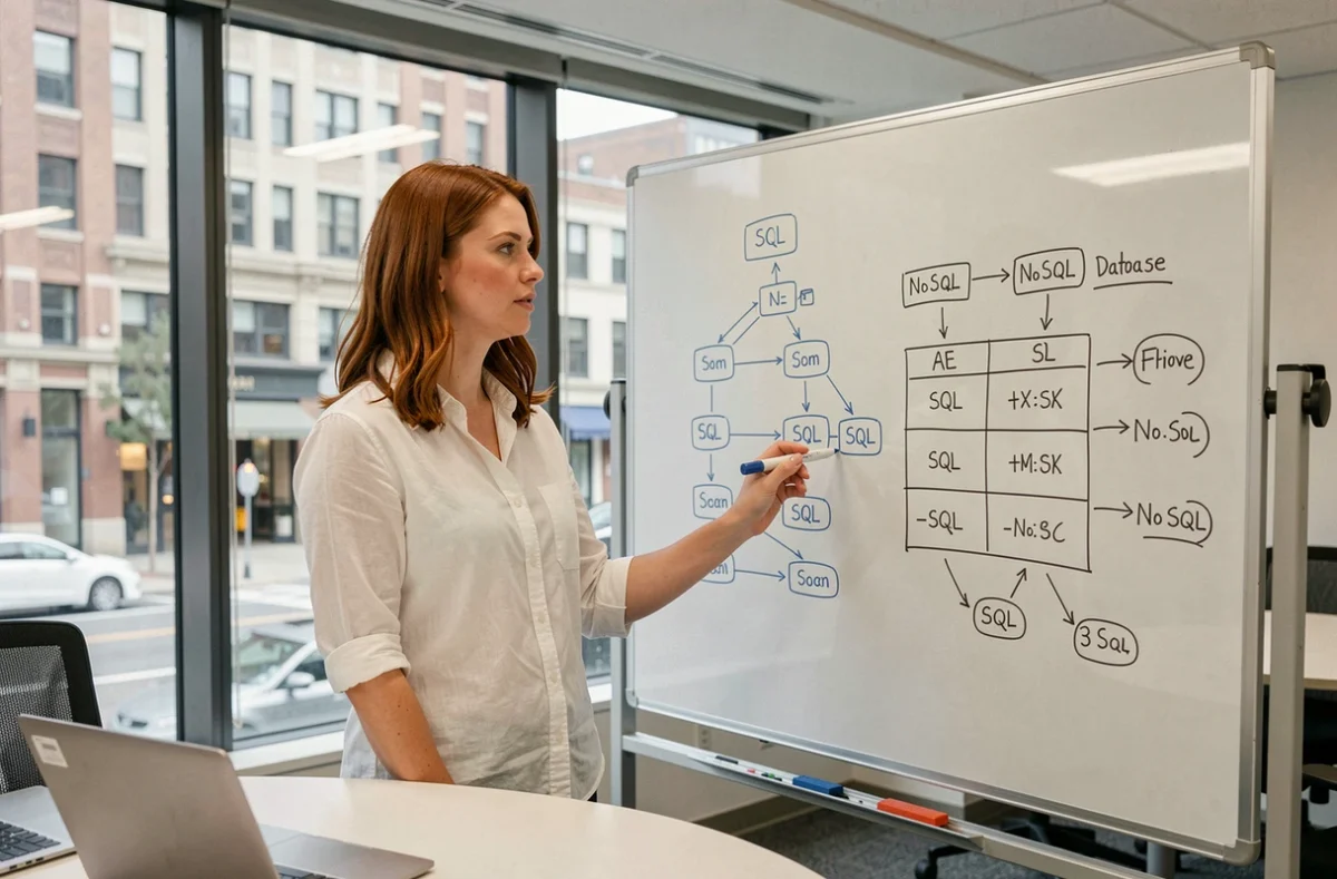 Femme développeuse présentant une comparaison de systèmes de gestion de base de données sur un tableau blanc