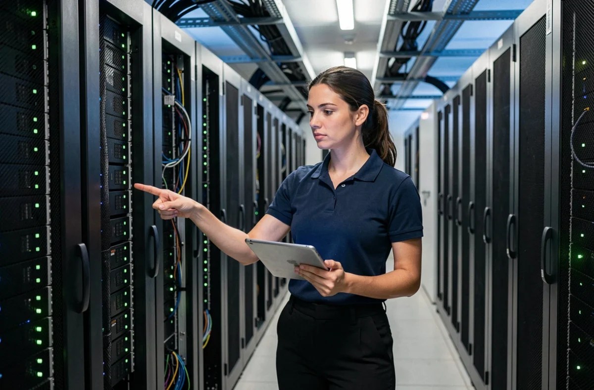 Ingénieure DevOps dans une salle de serveurs pointant des racks physiques représentant des nœuds dans une architecture Kubernetes
