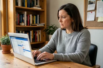 Femme en télétravail comparant deux interfaces d'email sur un ordinateur portable dans un bureau à domicile