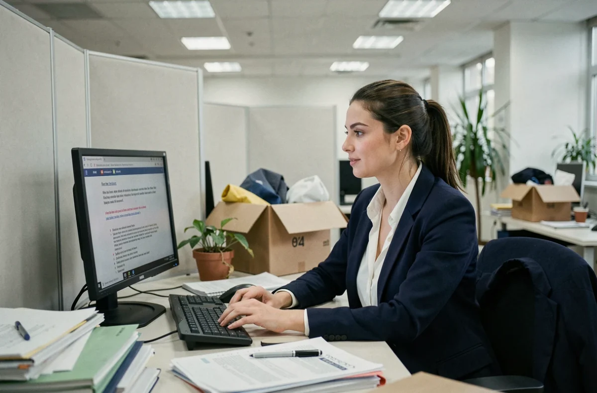 Employée de bureau préoccupée face à une erreur d'automatisation, symbolisant la suppression d'emplois par les robots et l'intelligence artificielle