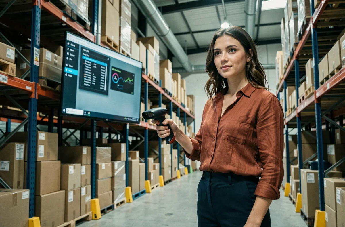 Employée d'entrepôt utilisant un scanner connecté à un système de gestion de stock par intelligence artificielle