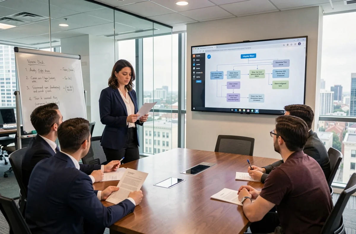 Employée tenant un document papier lors d'une réunion digitale en salle de conférence, illustrant la résistance au changement numérique en entreprise