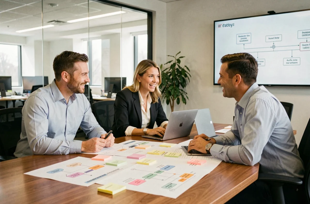 Équipe de professionnels collaborant autour d'une experience map imprimée lors d'un atelier en salle de réunion
