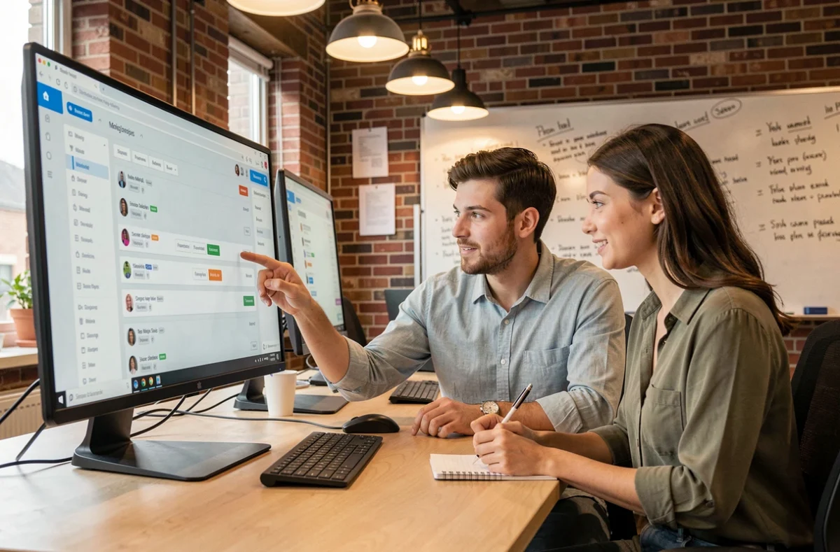 Deux professionnels collaborant sur une campagne d'envoi de messages groupés devant un tableau de bord d'emailing dans un espace de travail moderne