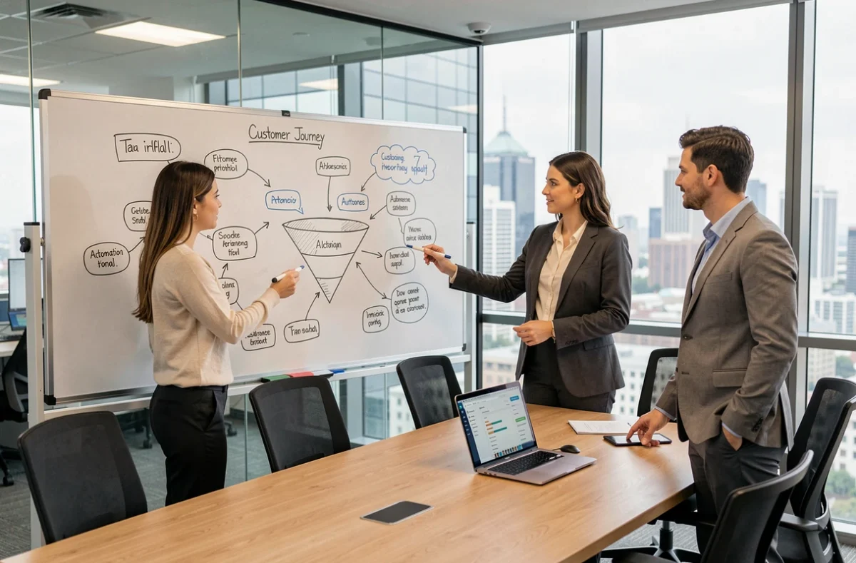 Équipe marketing collaborant autour d'un tableau blanc avec un schéma d'automatisation et de parcours client