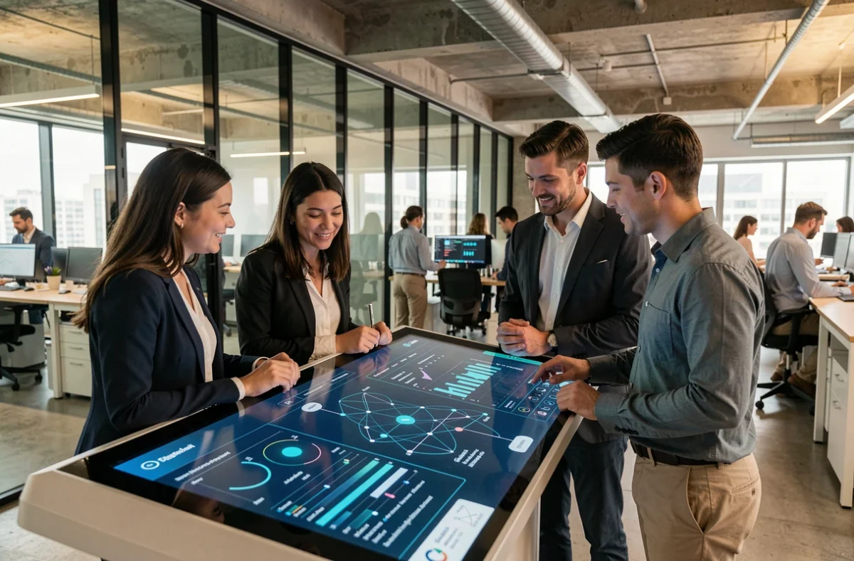 Équipe de chercheurs en informatique quantique analysant des données sur un écran interactif dans un bureau technologique