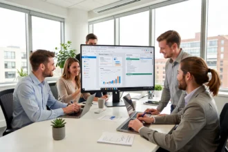 Équipe réunie autour d'un écran partagé pour travailler sur un même document