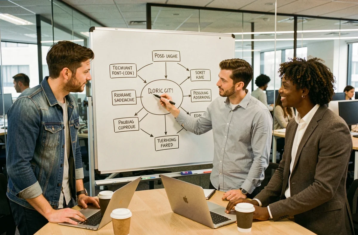 Équipe de développeurs discutant d'une architecture Kubernetes autour d'un tableau blanc avec un diagramme de cluster et de nœuds dans une salle de réunion moderne