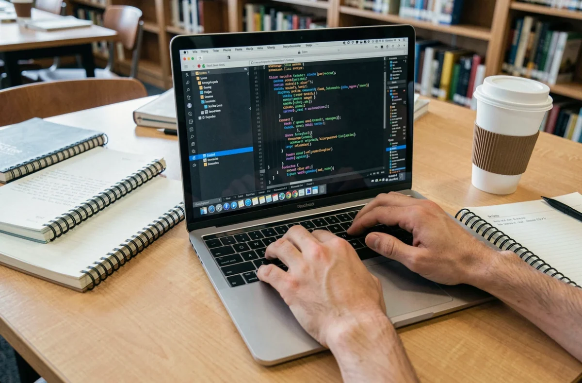 Mains d'un étudiant en informatique tapant un script Python sur un ordinateur portable dans une bibliothèque universitaire