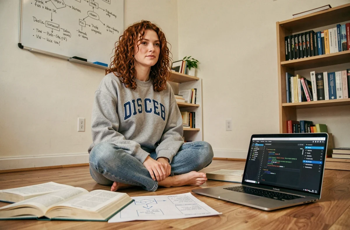 Étudiante en informatique apprenant Kubernetes avec des livres techniques et un laptop à la maison