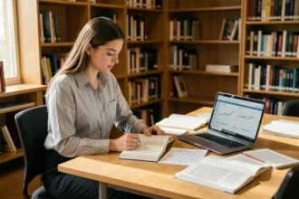 Jeune femme étudiant pour devenir auditrice informatique avec des manuels et un ordinateur portable dans une bibliothèque universitaire