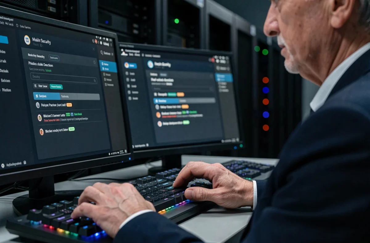 Expert en cybersécurité configurant des filtres de blocage d'emails de phishing sur un tableau de bord de sécurité