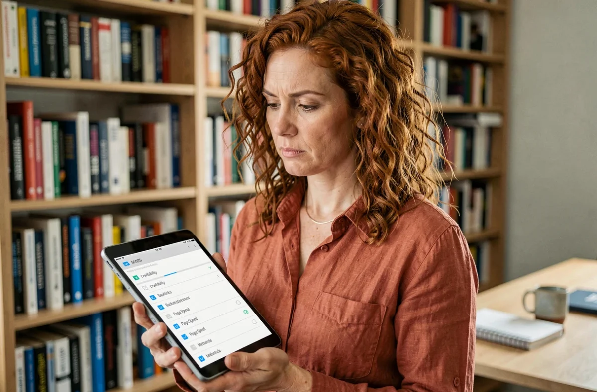 Experte en référencement naturel consultant une checklist d'audit SEO technique sur tablette dans un bureau à domicile