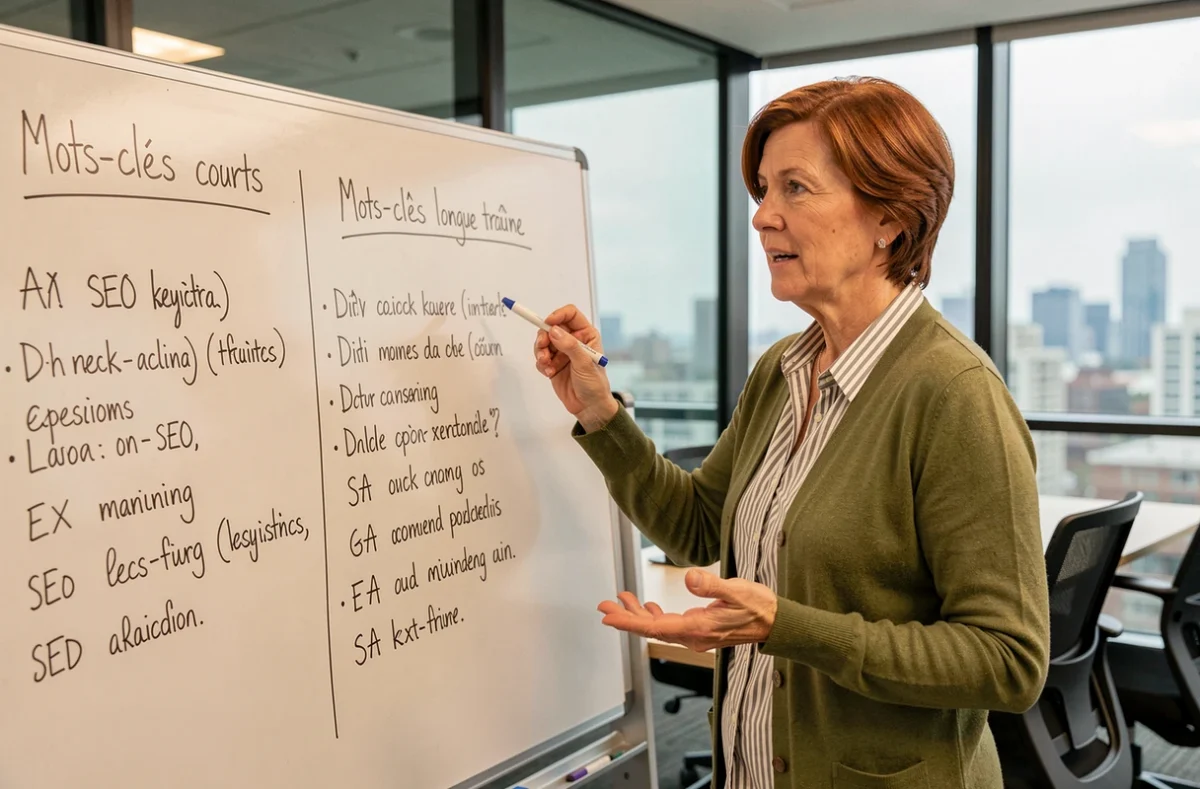 Experte SEO expliquant la différence entre mots-clés à courte traîne et longue traîne sur un tableau blanc en salle de réunion