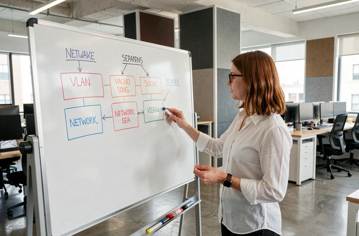 Femme expliquant le concept de VLAN sur un tableau blanc dans un bureau moderne avec schéma réseau dessiné à la main