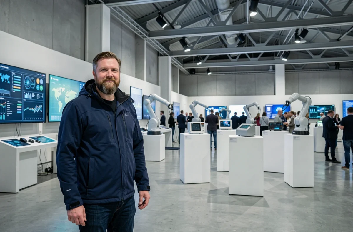 Homme dans une exposition technologique entouré de prototypes et d'écrans interactifs illustrant les grandes inventions modernes
