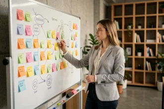 Femme en blazer gris analysant une experience map sur un tableau blanc avec des post-its colorés dans un bureau moderne