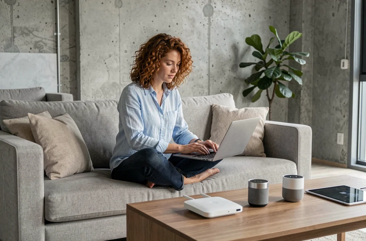 Femme utilisant un ordinateur portable entourée d'appareils connectés illustrant la connectivité Wi-Fi 7 dans un appartement moderne