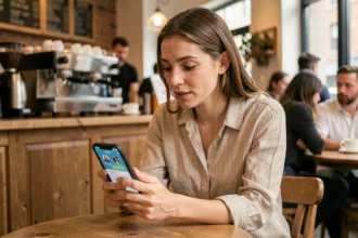 Femme utilisant l'application Blah Blah sur son smartphone dans un café urbain