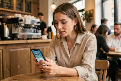 Femme utilisant l'application Blah Blah sur son smartphone dans un café urbain