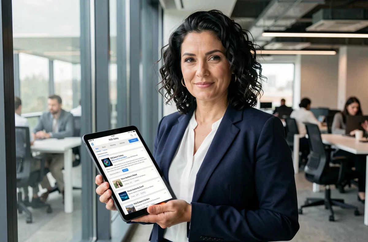 Femme consultant une application de flux RSS sur une tablette dans un espace de coworking moderne