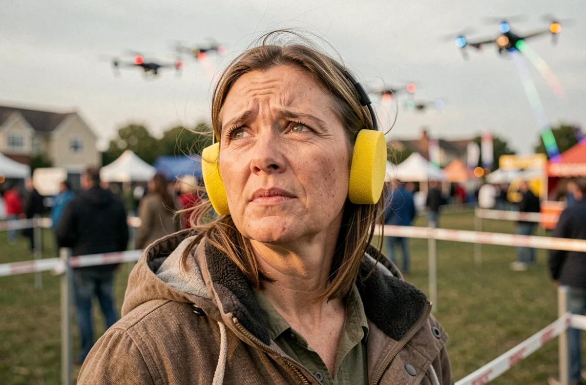 Femme portant des bouchons d'oreilles lors d'un spectacle de drones en plein air illustrant le niveau sonore de l'événement