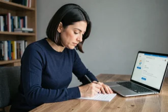 Femme notant un code de sauvegarde Google sur un carnet dans un bureau à domicile