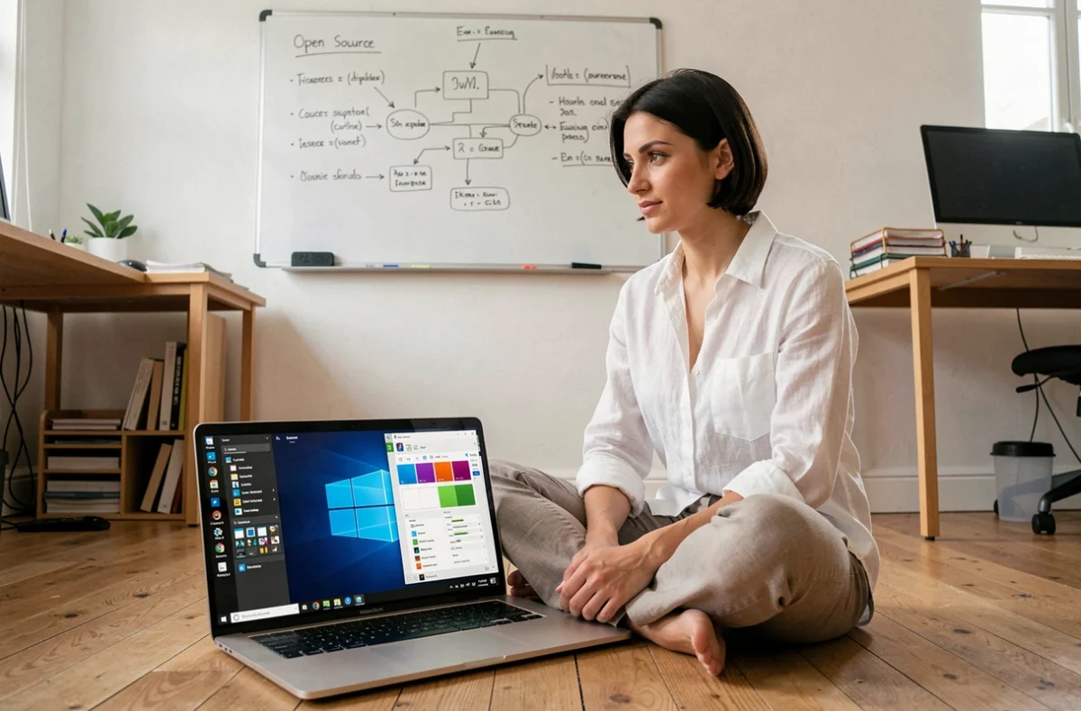 Femme comparant Linux et Windows sur un ordinateur portable dans un bureau à domicile minimaliste