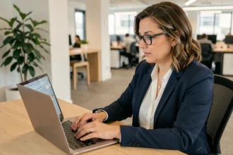 Femme professionnelle consultant un document PDF accessible sur son ordinateur portable dans un bureau moderne