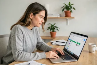 Femme consultant l'activité de son Google Drive sur un ordinateur portable dans un bureau à domicile