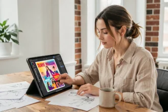 Jeune femme créant une affiche sur une application de design graphique sur tablette dans un bureau à domicile moderne