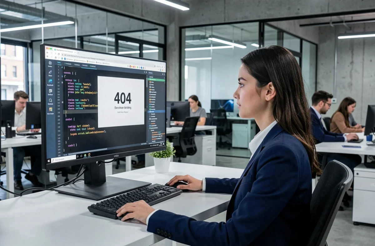 Femme développeuse analysant une erreur 404 sur un grand écran dans un open space professionnel