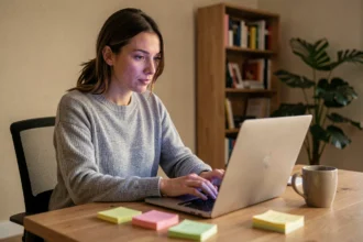 Femme en télétravail envoyant des messages en masse depuis son ordinateur portable dans un bureau à domicile moderne