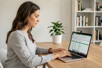 Femme utilisant Excel sur un ordinateur portable pour saisir une formule SI contient dans une cellule de tableau