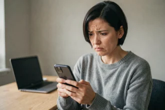 Femme frustrée fixant son smartphone après avoir perdu accès à son application d'authentification 2FA